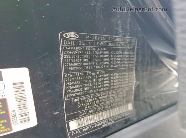 SALWR2KF4GA654624 2016 LAND ROVER RANGE Черный Вид наклейки с VIN-кодом