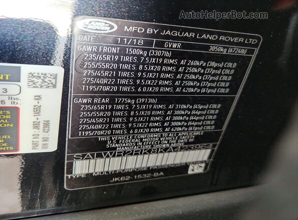 SALWR2RK8KA423964 2019 LAND ROVER RANGE Черный Вид наклейки с VIN-кодом