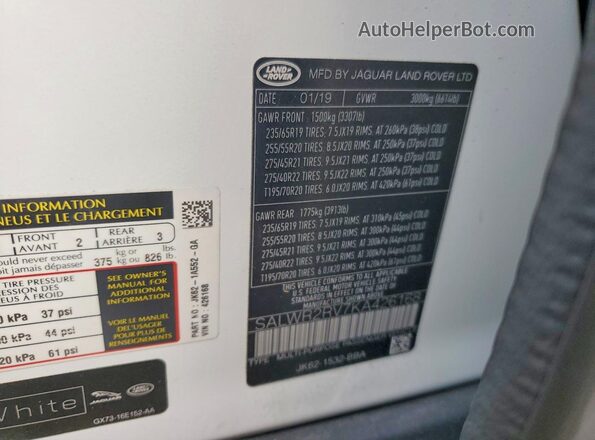 SALWR2RV7KA426168 2019 LAND ROVER RANGE Белый 