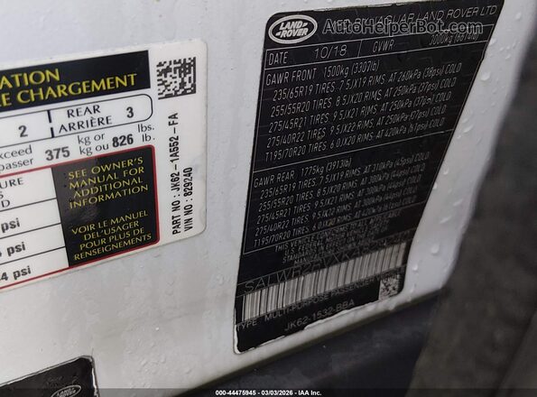 SALWR2RVXKA829240 2019 LAND ROVER RANGE ROVER SPORT White Engine compartment view