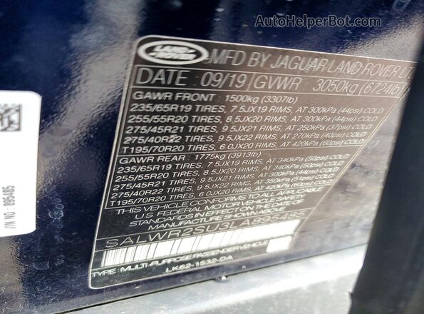 SALWR2SU3LA895485 2020 LAND ROVER RANGE Синий Вид наклейки с VIN-кодом