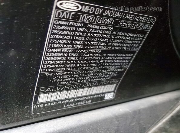 SALWR2SU3MA762159 2021 LAND ROVER RANGE Black 