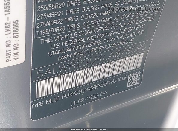 SALWR2SU4LA878095 2020 LAND ROVER RANGE ROVER SPORT Gray ძრავის განყოფილების ხედი