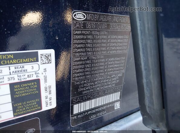 SALWR2SU6LA890152 2020 LAND ROVER RANGE ROVER SPORT Dark Blue Widok komory silnika
