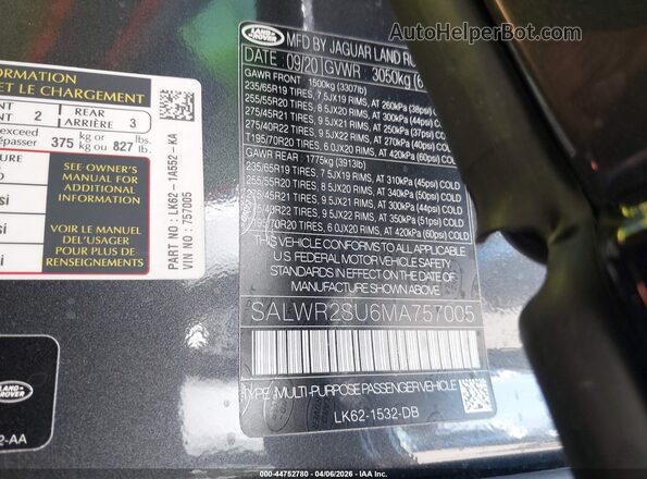 SALWR2SU6MA757005 2021 LAND ROVER RANGE ROVER SPORT Серый Вид подкапотного пространства