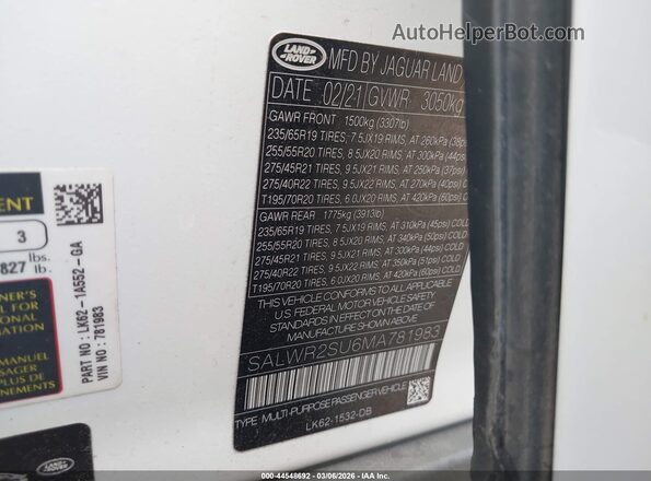 SALWR2SU6MA781983 2021 LAND ROVER RANGE ROVER SPORT White Вид підкапотного простору