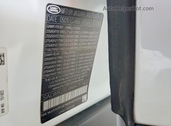 SALWR2SU8MA751822 2021 LAND ROVER RANGE White Widok wnętrza 360 stopni