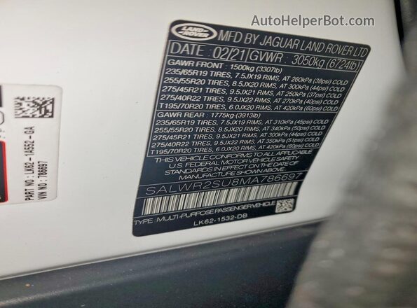 SALWR2SU8MA786697 2021 LAND ROVER RANGE White Widok komory silnika