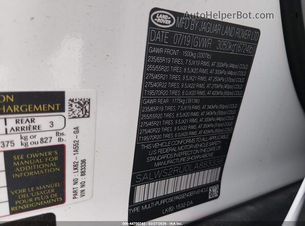 SALWS2RU0LA883336 2020 LAND ROVER RANGE ROVER SPORT White Вид підкапотного простору