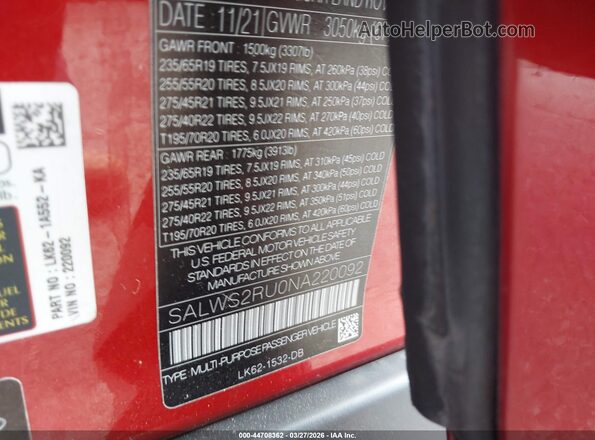 SALWS2RU0NA220092 2022 LAND ROVER RANGE ROVER SPORT Orange Vista del compartimento del motor
