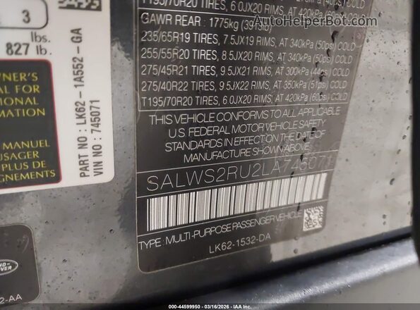 SALWS2RU2LA745071 2020 LAND ROVER RANGE ROVER SPORT Gray Widok komory silnika
