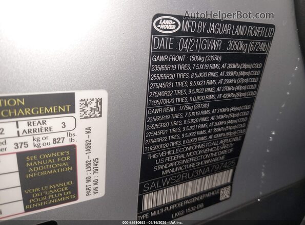 SALWS2RU3NA797425 2022 LAND ROVER RANGE ROVER SPORT Silver Շարժիչի բաժամունքի տեսք