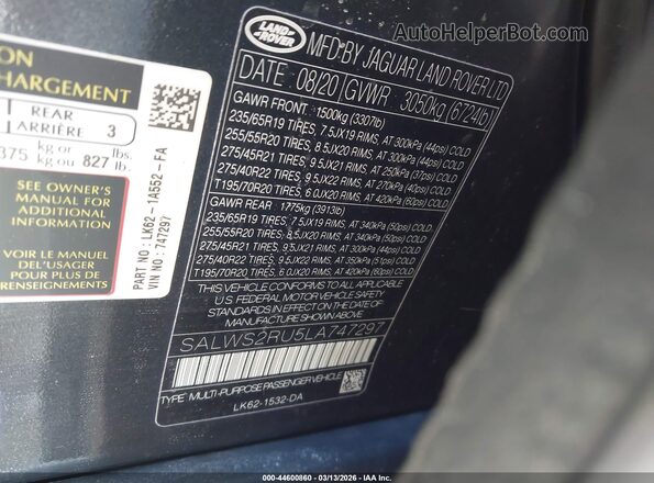 SALWS2RU5LA747297 2020 LAND ROVER RANGE ROVER SPORT Серый Вид подкапотного пространства