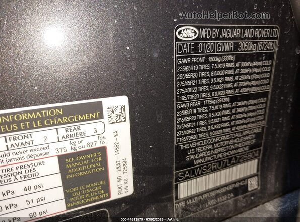 SALWS2RU7LA725804 2020 LAND ROVER RANGE ROVER SPORT Серый 