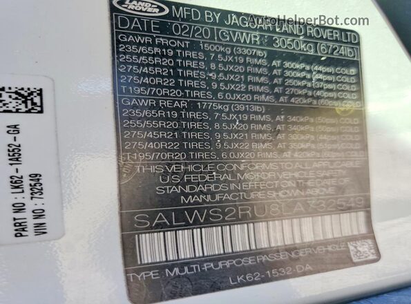 SALWS2RU8LA732549 2020 LAND ROVER RANGE White Սալոնի 360 աստիճան տեսք