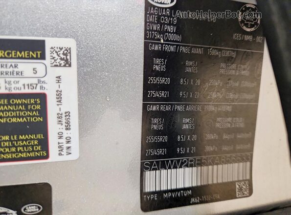 SALWV2RE5KA856633 2019 LAND ROVER RANGE Silver 
