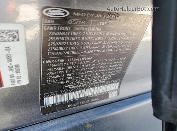 SALWV2SVXJA806089 2018 LAND ROVER RANGE Серый Вид наклейки с VIN-кодом