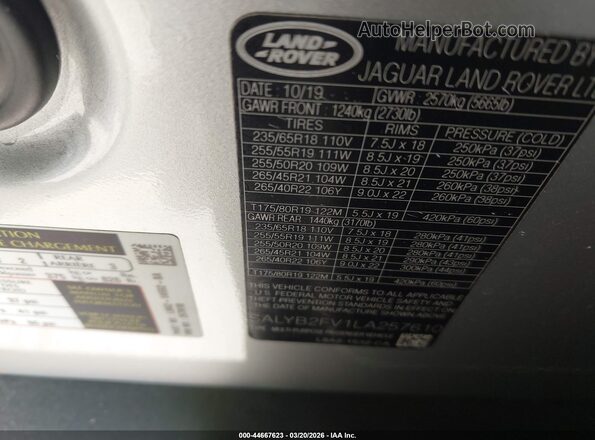 SALYB2FV1LA257610 2020 LAND ROVER RANGE ROVER VELAR Silver Vista del compartimento del motor