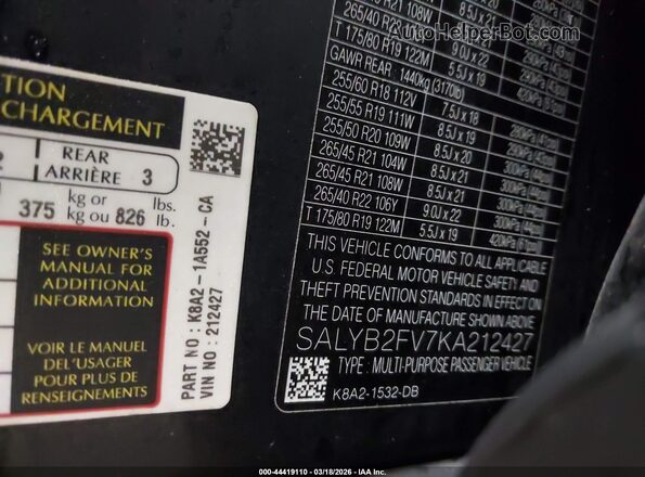 SALYB2FV7KA212427 2019 LAND ROVER RANGE ROVER VELAR Black Engine compartment view