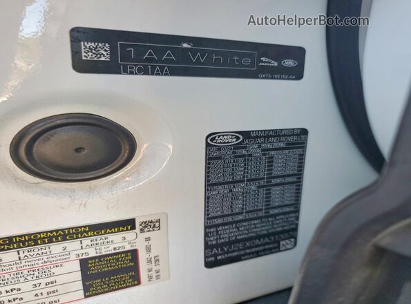 SALYJ2EX0MA313978 2021 LAND ROVER RANGE White VIN կոդի պիտակի տեսք