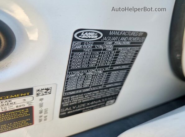 SALYJ2EX4NA331613 2022 LAND ROVER RANGE Белый Вид наклейки с VIN-кодом
