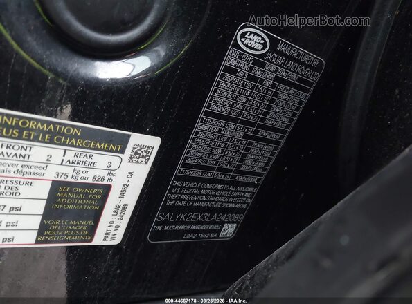 SALYK2EX3LA242089 2020 LAND ROVER RANGE ROVER VELAR Черный Вид подкапотного пространства
