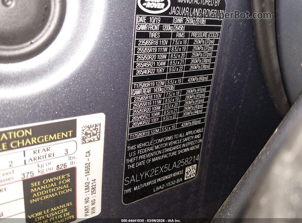 SALYK2EX5LA258214 2020 LAND ROVER RANGE ROVER VELAR Gray Vista del compartimento del motor