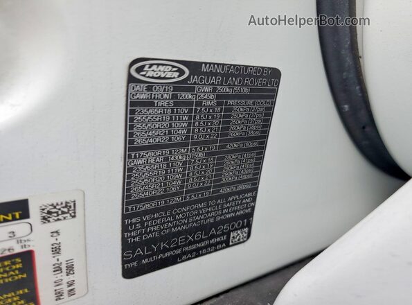 SALYK2EX6LA250011 2020 LAND ROVER RANGE Белый Вид наклейки с VIN-кодом