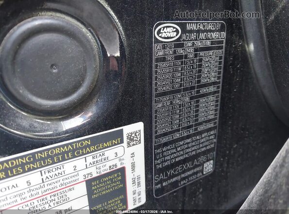 SALYK2EXXLA266101 2020 LAND ROVER RANGE ROVER VELAR Черный Вид подкапотного пространства
