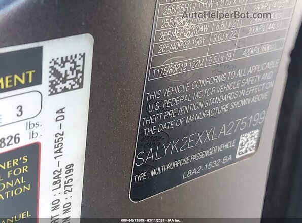 SALYK2EXXLA275199 2020 LAND ROVER RANGE ROVER VELAR Dark Brown Շարժիչի բաժամունքի տեսք