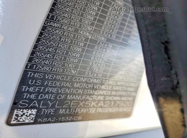 SALYL2EX5KA217920 2019 LAND ROVER RANGE White VIN კოდის სტიკერის ხედი