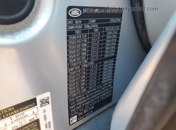 SALYL2EX5KA782569 2019 LAND ROVER RANGE Серебряный 