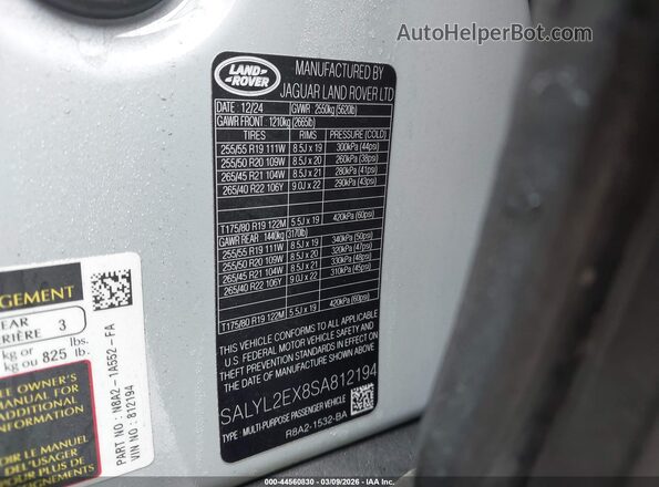 SALYL2EX8SA812194 2025 LAND ROVER RANGE ROVER VELAR Серый Вид подкапотного пространства