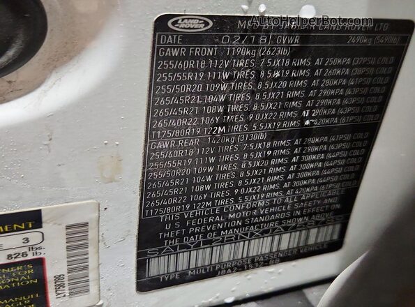 SALYL2RNXJA758789 2018 LAND ROVER RANGE Turquoise Widok naklejki z numerem VIN