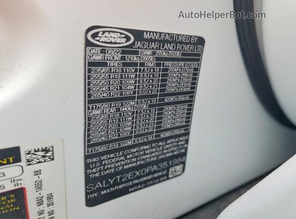 SALYT2EX0PA351984 2023 LAND ROVER RANGE White VIN კოდის სტიკერის ხედი