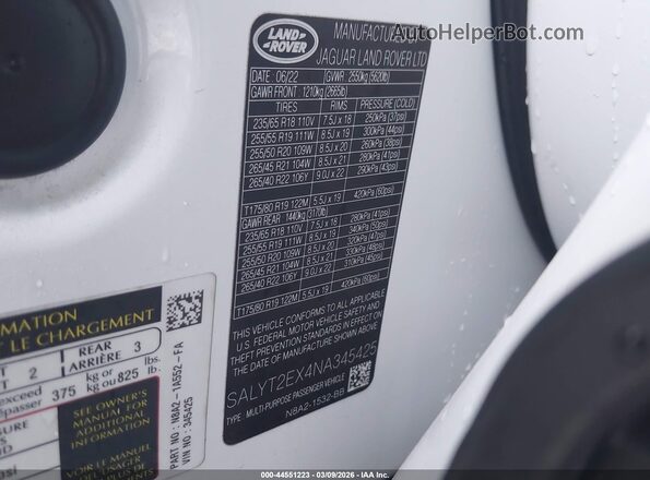 SALYT2EX4NA345425 2022 LAND ROVER RANGE ROVER VELAR White Вид підкапотного простору