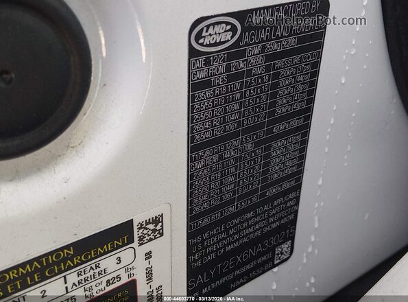 SALYT2EX6NA330215 2022 LAND ROVER RANGE ROVER VELAR White Engine compartment view