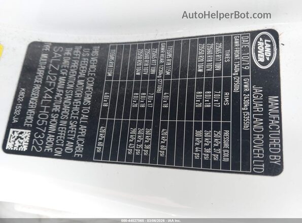 SALZJ2FX4LH057322 2020 LAND ROVER RANGE ROVER EVOQUE White ძრავის განყოფილების ხედი