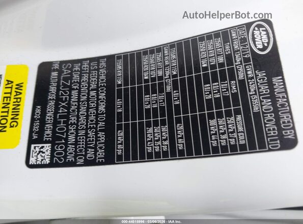 SALZJ2FX4LH071902 2020 LAND ROVER RANGE ROVER EVOQUE Белый 