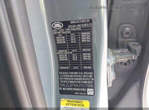 SALZL2FX4LH117996 2020 LAND ROVER RANGE ROVER EVOQUE Gray 