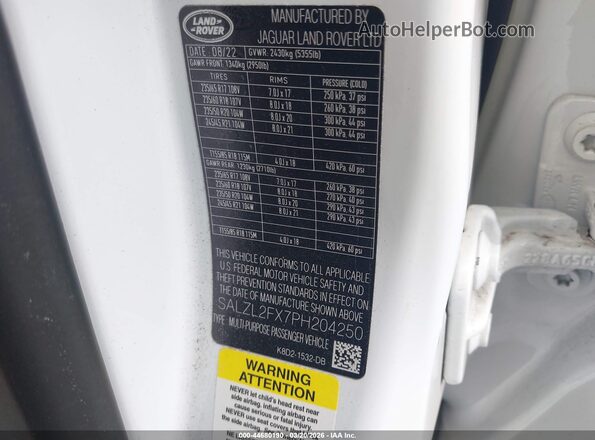 SALZL2FX7PH204250 2023 LAND ROVER RANGE ROVER EVOQUE White Вид підкапотного простору