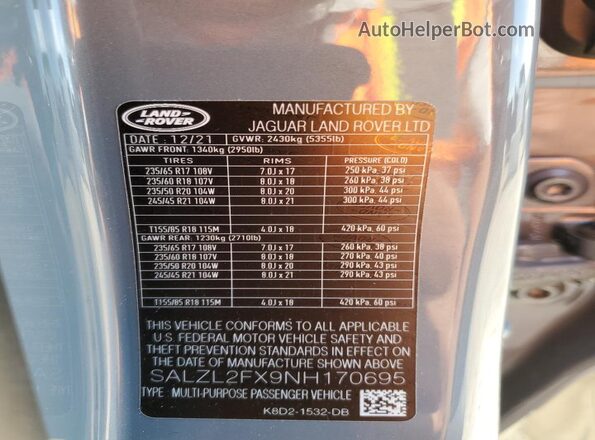 SALZL2FX9NH170695 2022 LAND ROVER RANGE Gray Vista de la etiqueta del VIN