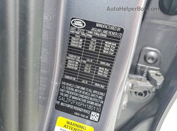 SALZP2FX6PH180110 2023 LAND ROVER RANGE Gray VIN sticker view