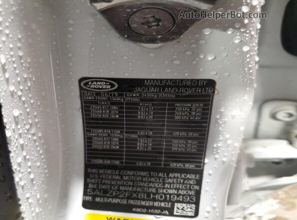 SALZP2FX8LH019493 2020 LAND ROVER RANGE White VIN կոդի պիտակի տեսք