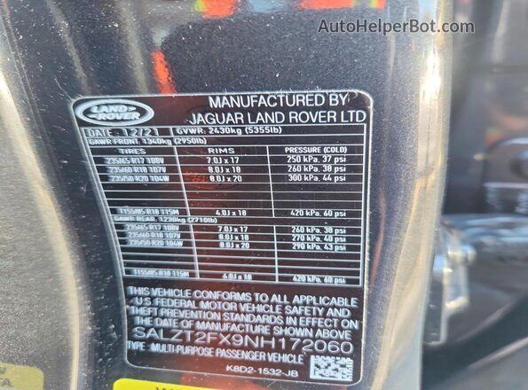 SALZT2FX9NH172060 2022 LAND ROVER RANGE Black VIN կոդի պիտակի տեսք