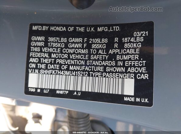 SHHFK7H43MU415212 2021 HONDA CIVIC Gray Вид підкапотного простору