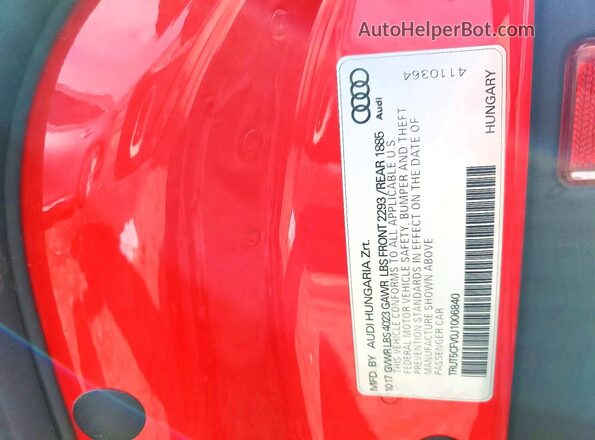 TRUT5CFV0J1006840 2018 AUDI TT Red Engine compartment view