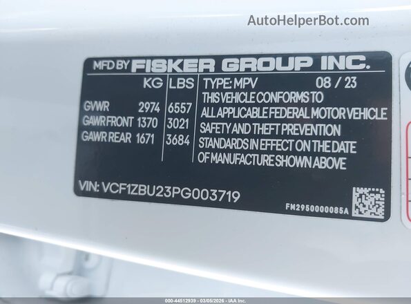 VCF1ZBU23PG003719 2023 FISKER OCEAN White Вид підкапотного простору