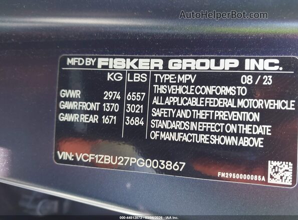VCF1ZBU27PG003867 2023 FISKER OCEAN Blue Vista del compartimento del motor