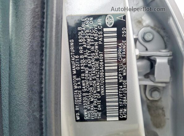 VNKKTUD38GA064097 2016 TOYOTA YARIS Silver Вид наклейки з VIN-кодом